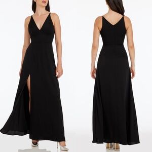 NEW DRESS THE POPULATION Black PLUNGING NECKLINE Side Pocket FIT & FLARE GOWN XS